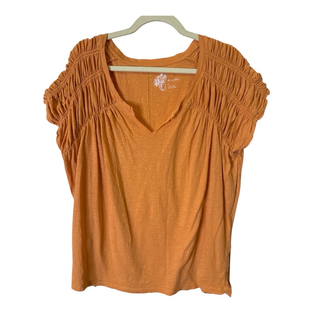 Anthropologie Smocked Muscle Tee Orange size M